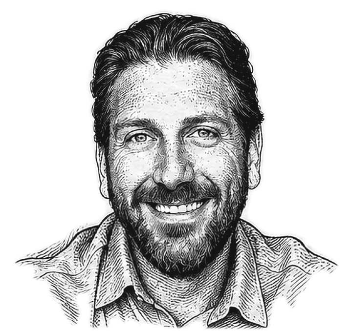 Engraved portrait of Michael Plant, smiling